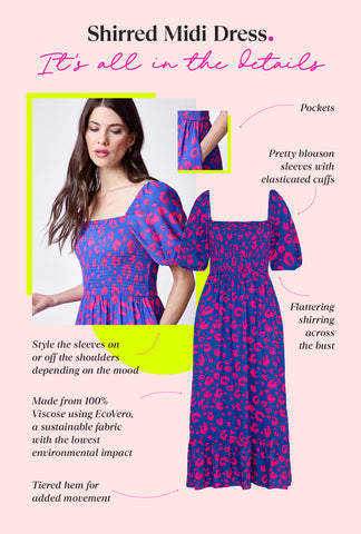 Key details of Scamp & Dude Shired Midi Dresses pinpointed on an Electric Blue with Hot Pink Leopard Shirred Midi Dress