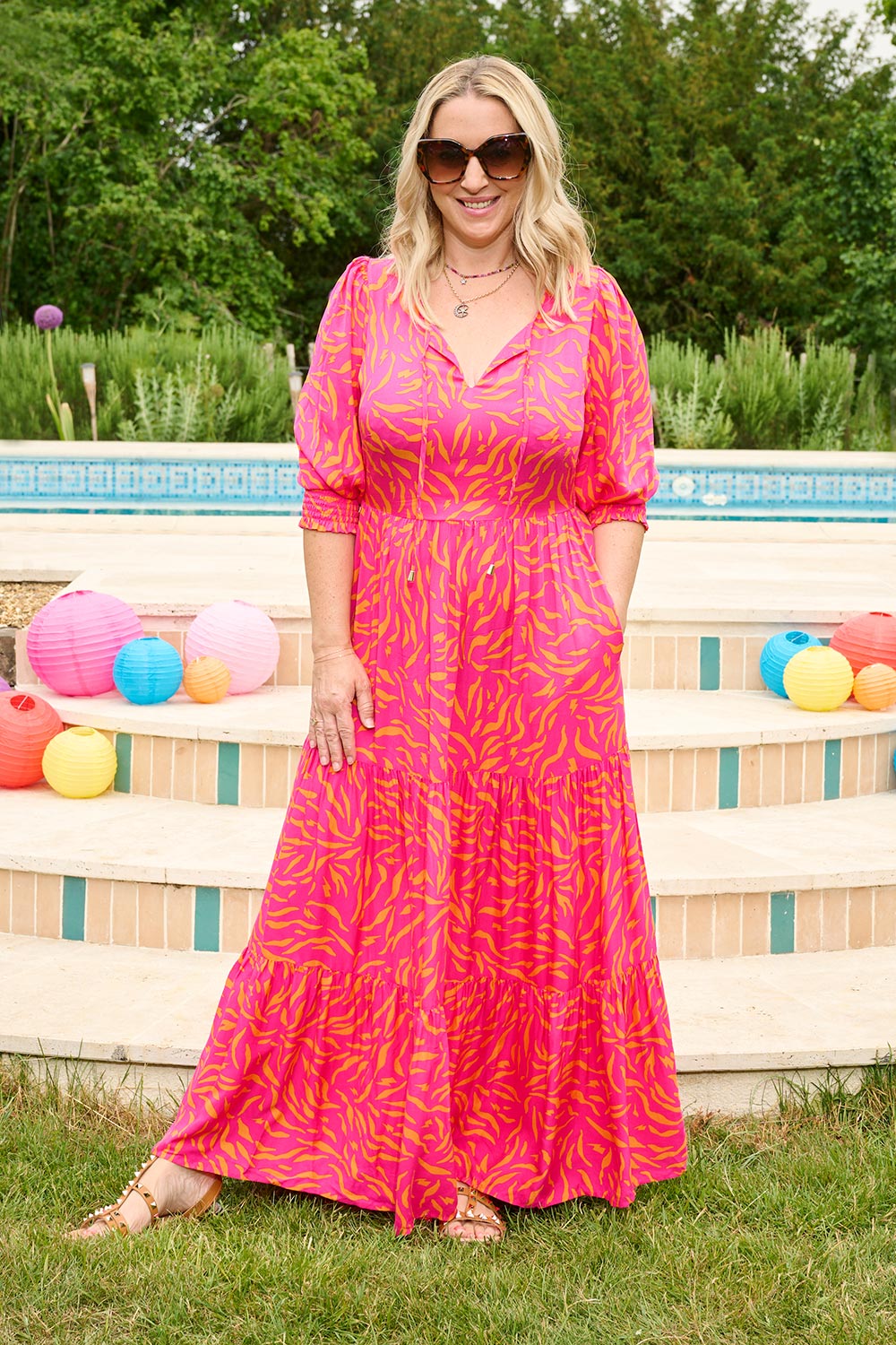 Pink with Orange Zebra Tie Front Maxi Dress