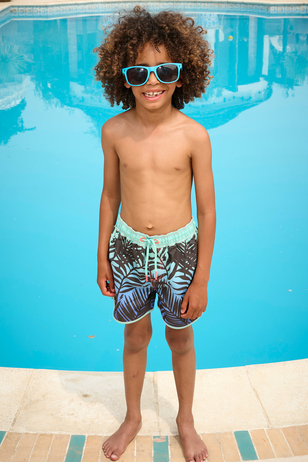 Kids Green with Blue and Black Tropical Swim Shorts