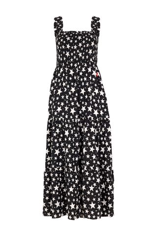 A black with white star and lightning bolt print tiered maxi sundress with neon pink embroidered lightning bolt on the hip