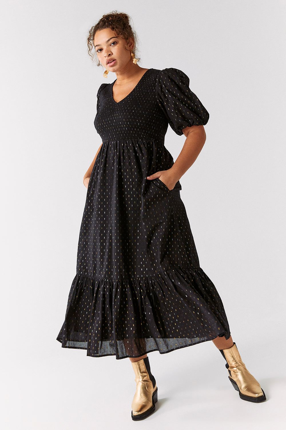 Black with Gold and Silver Lurex Spot Shirred Puff Sleeve Midi Dress