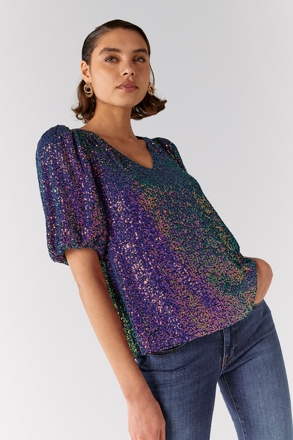 Iridescent Puff Sleeve Sequin Top