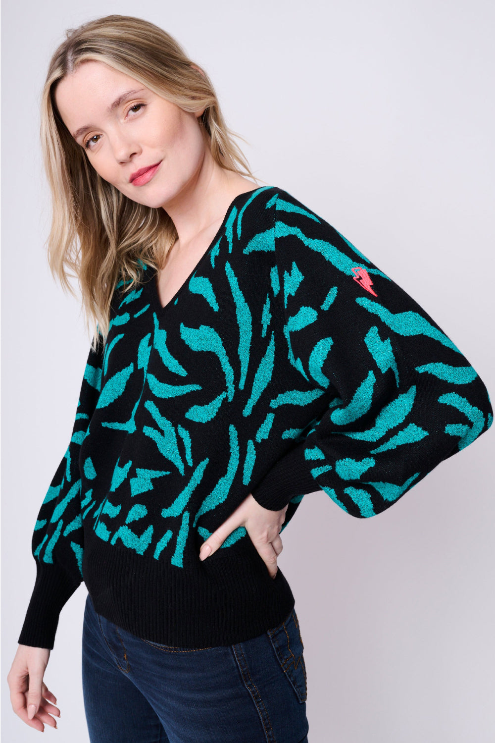 Black with Teal Lurex Zebra Jumper