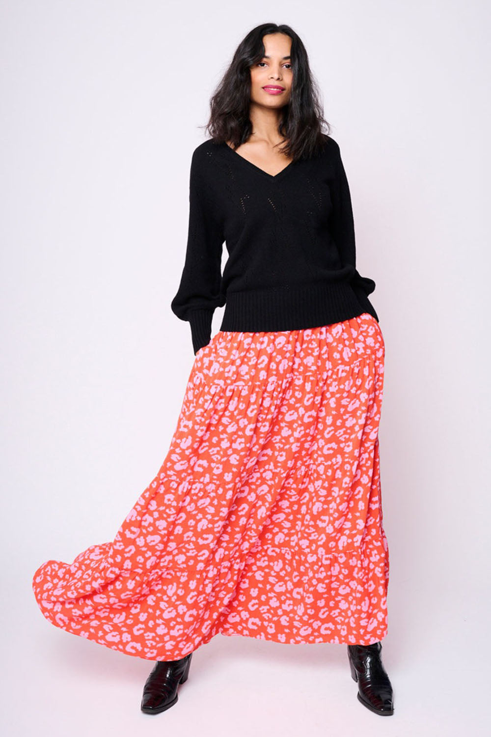Red with Pink Leopard Maxi Skirt