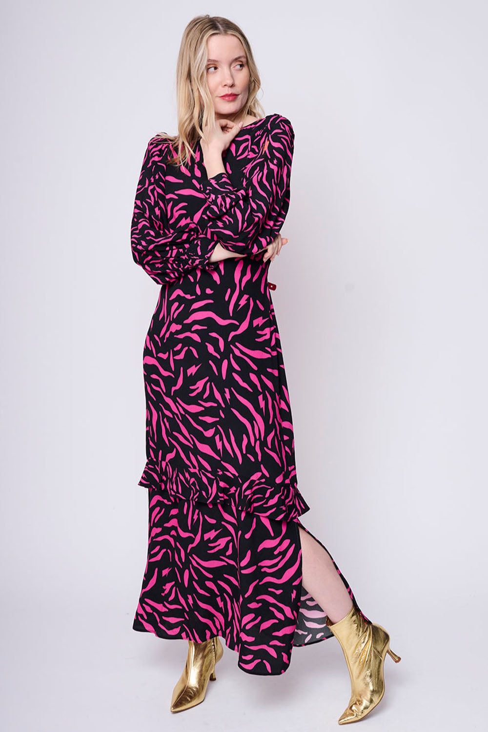 Black with Magenta Zebra Frill Midi Dress