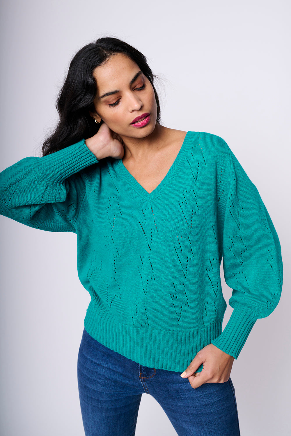 Teal Pointelle Knitted Jumper