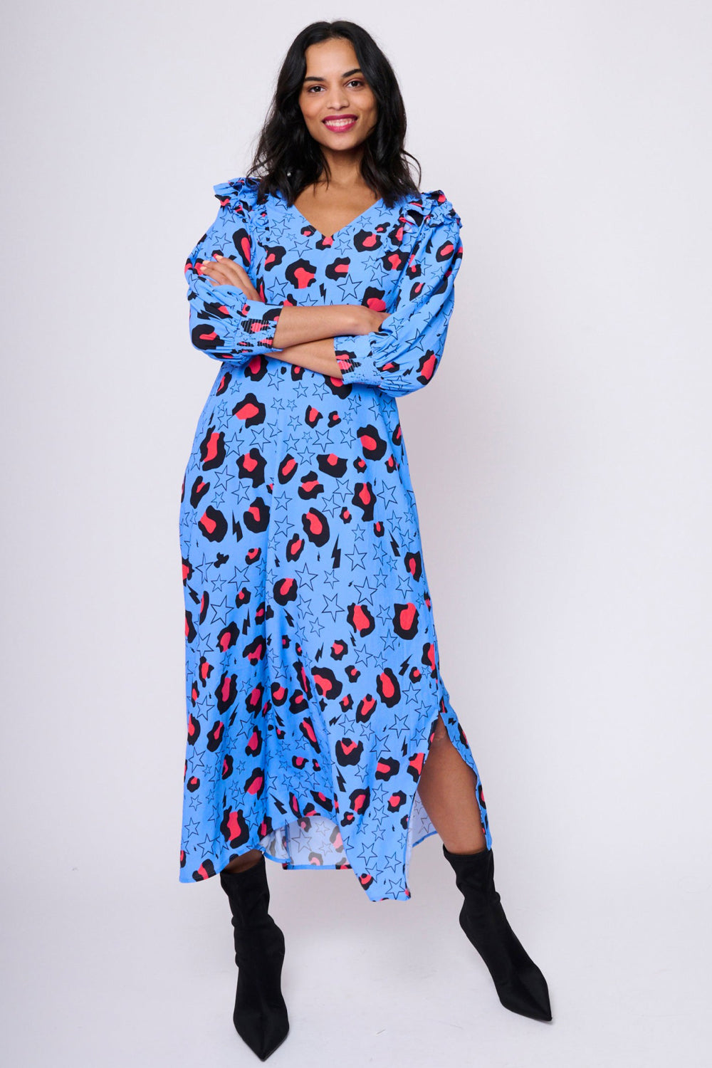 Blue with Pink Snow Leopard Star and Lightning Bolt Midi Dress