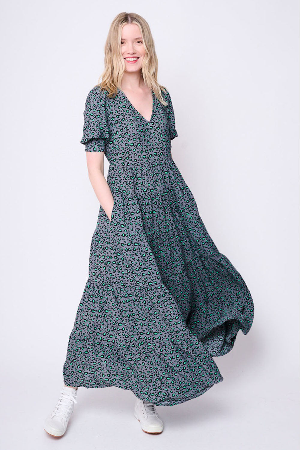Grey with Black and Green Snow Leopard Maxi Dress