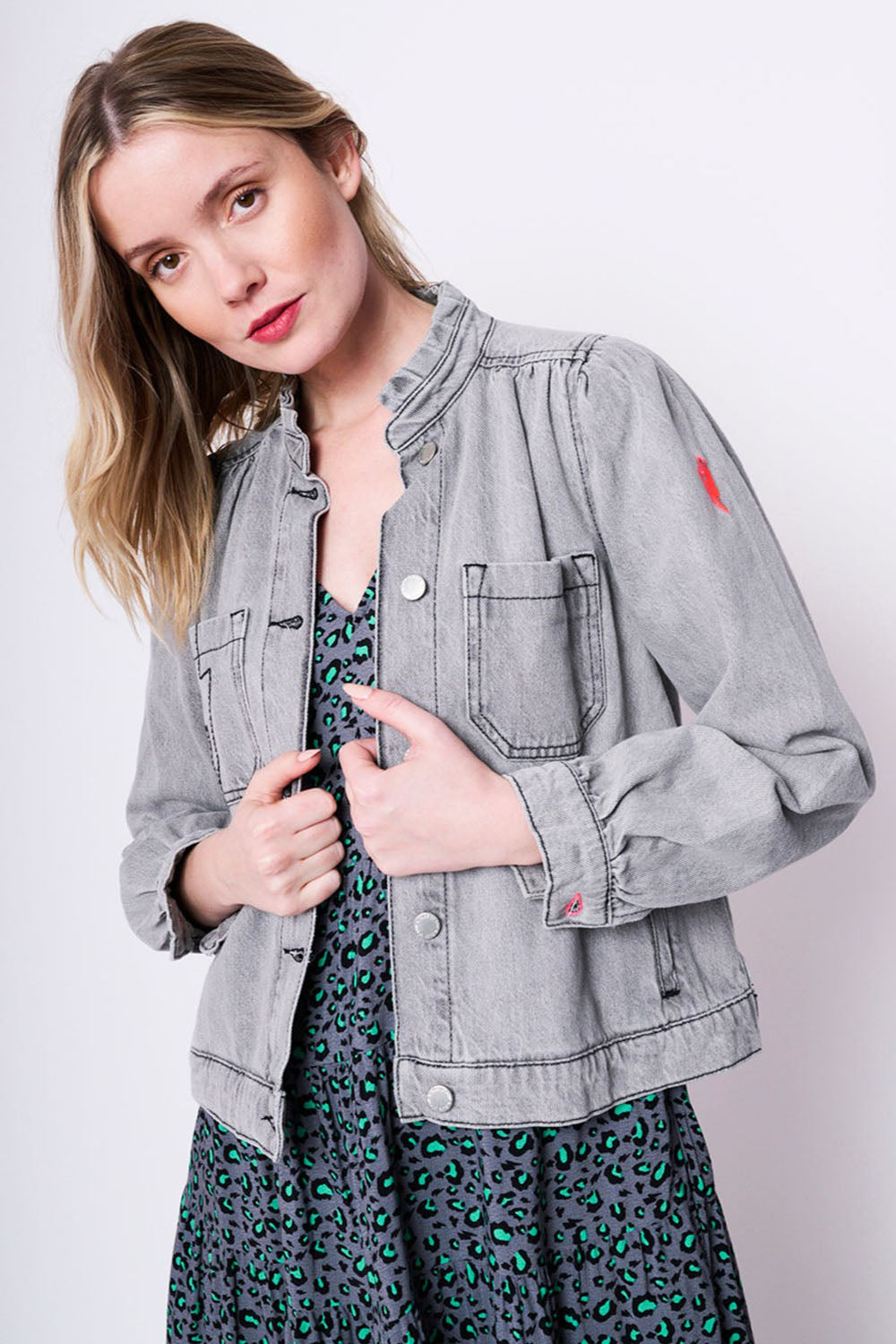 Washed Grey Short Frill Collar Denim Jacket