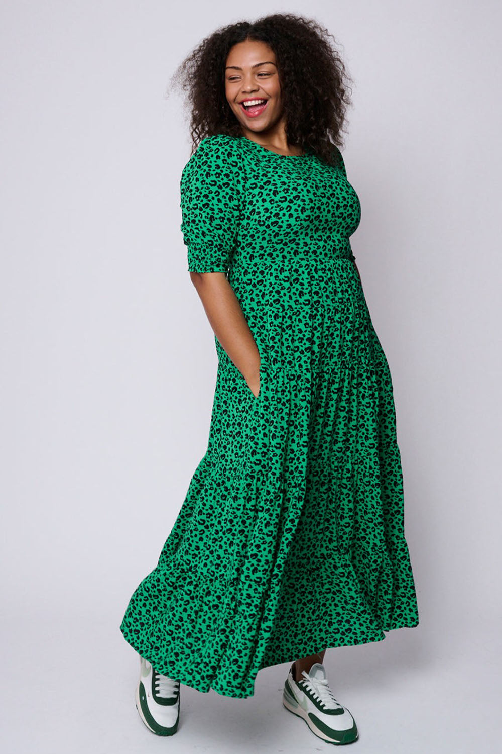 Bright Green Leopard Tiered Maxi Dress