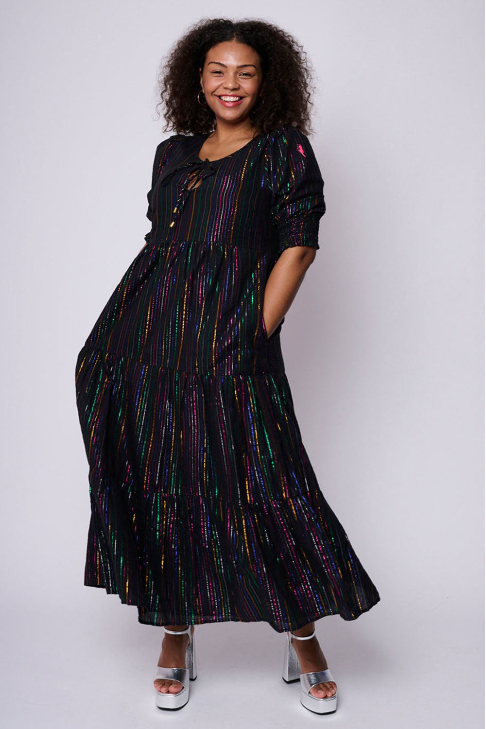 Black with Rainbow Lurex Tie Front Maxi Dress