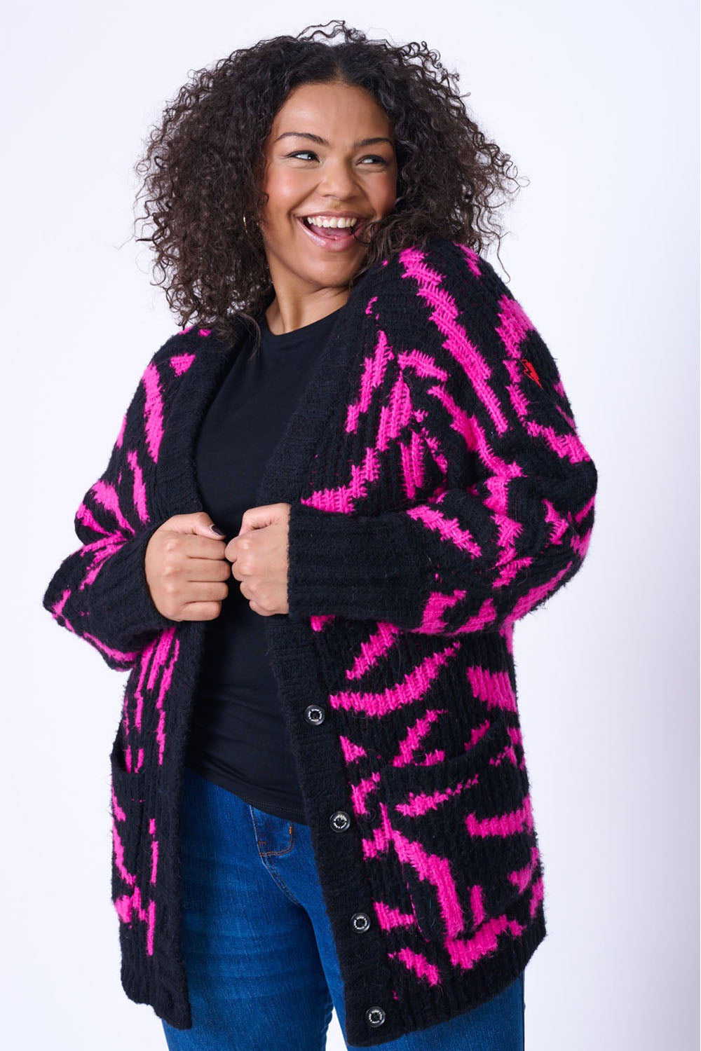 Black with Pink Zebra Chunky Rib Cardigan