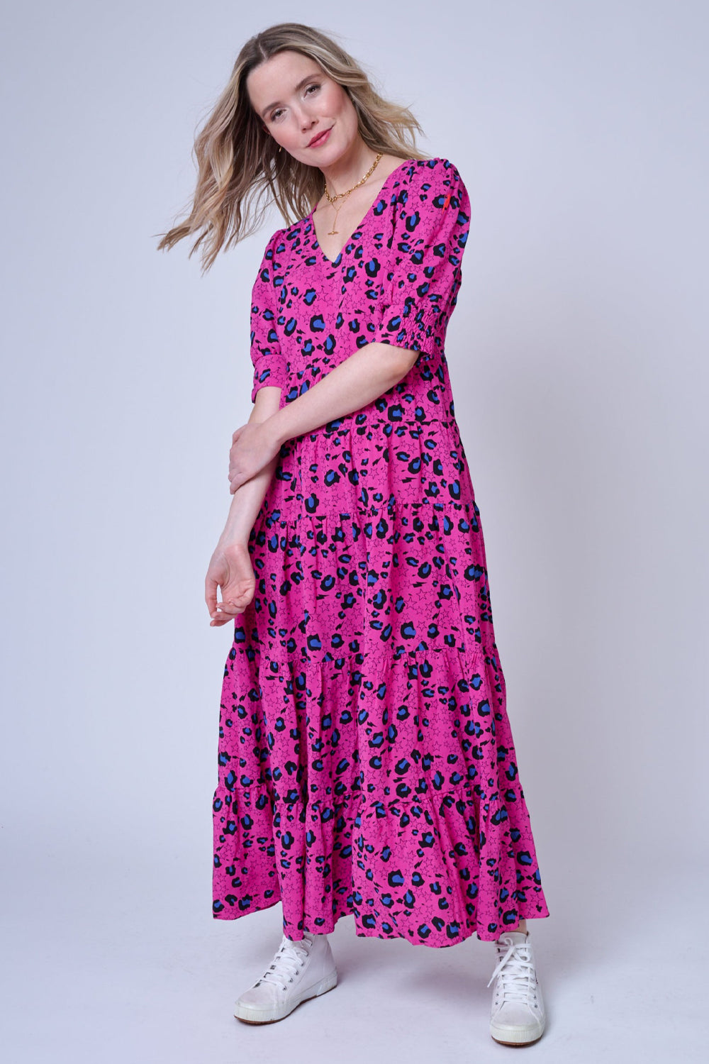 Magenta with Blue and Black Snow Leopard and Star Maxi Dress