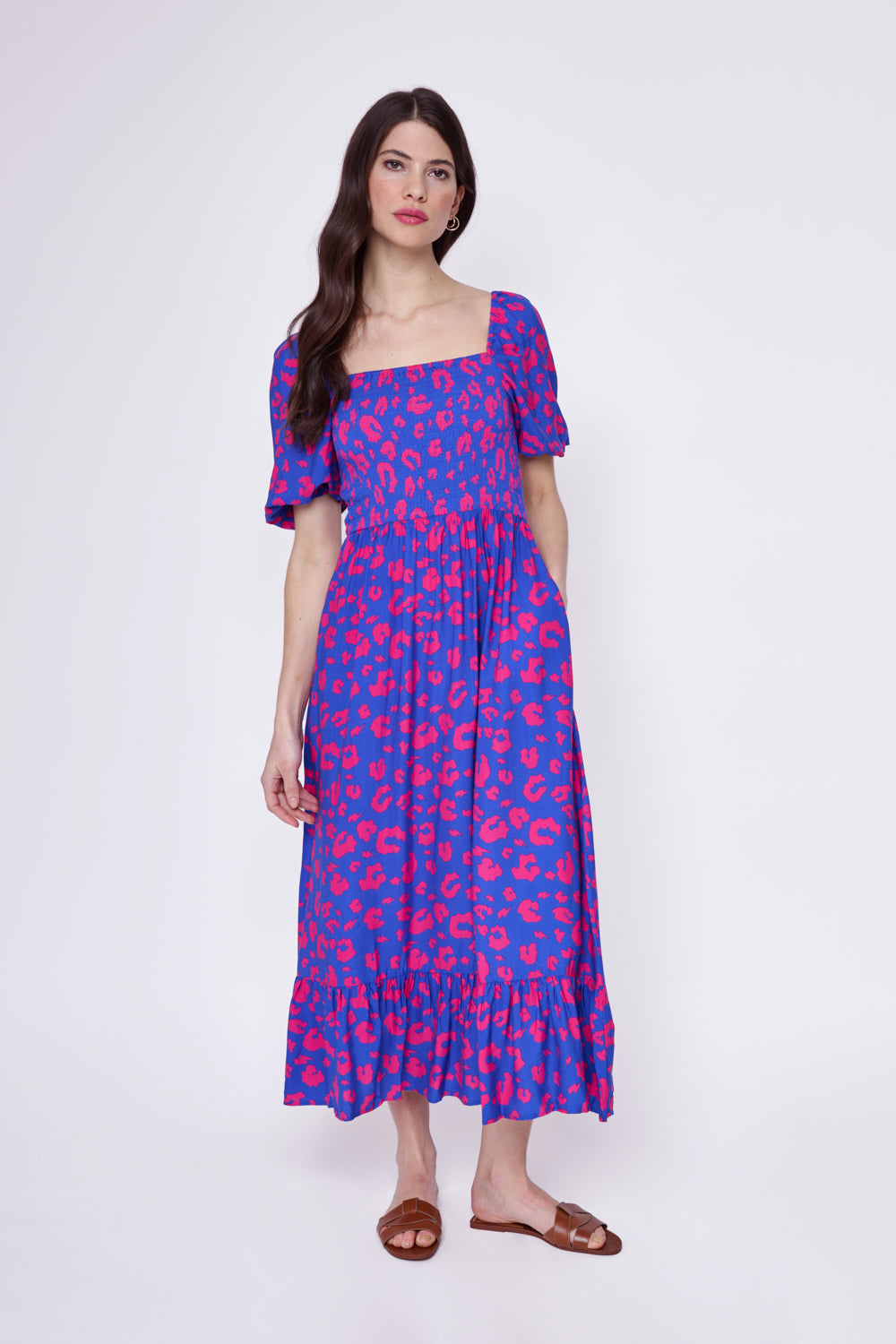 Electric Blue with Hot Pink Leopard Shirred Midi Dress