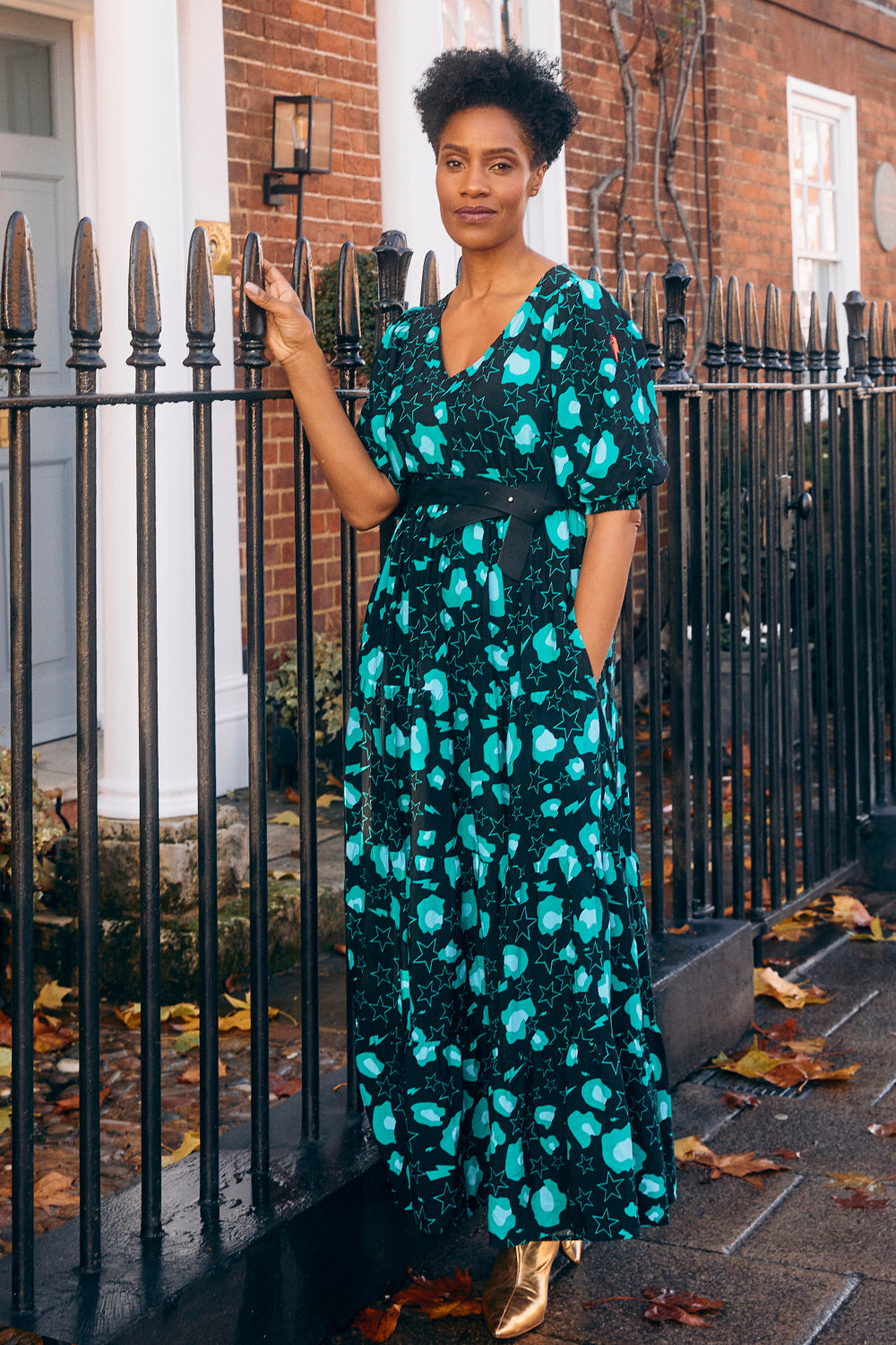 Black with Teal Snow Leopard & Star Maxi Dress