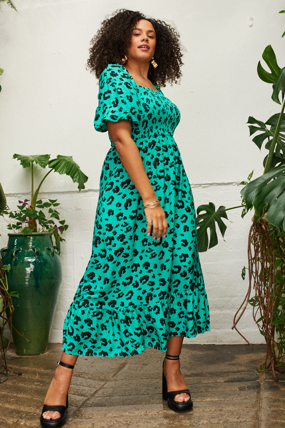 Green with Black Leopard Shirred Midi Dress