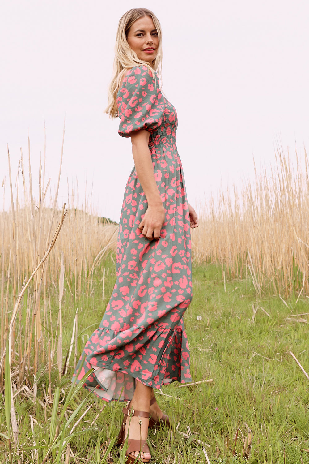 Khaki with Pink Leopard Shirred Midi Dress