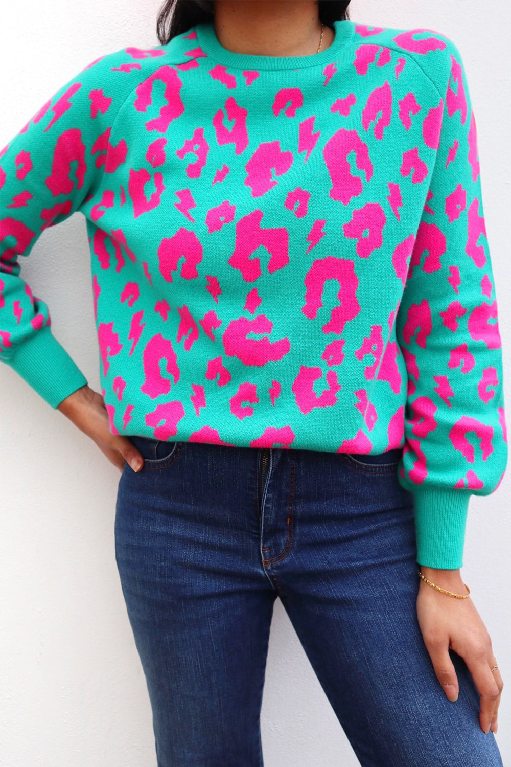 Green with Pink Leopard Knitted Jumper