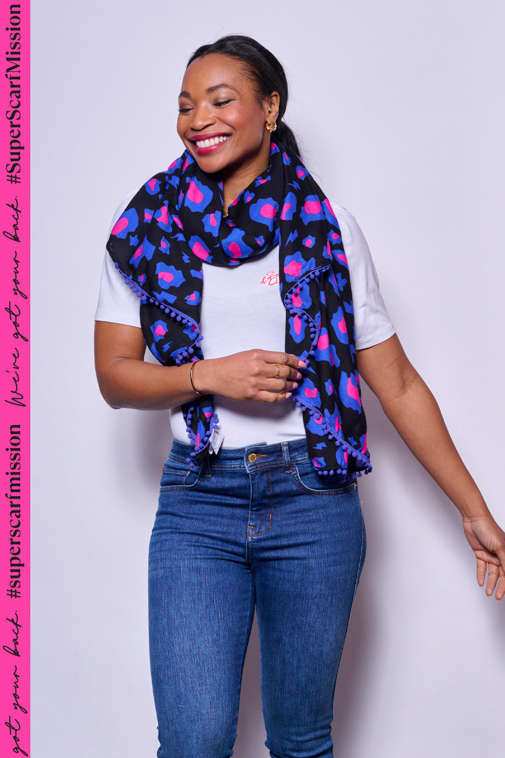 Black with Electric Blue and Neon Pink Snow Leopard Charity Super Scarf