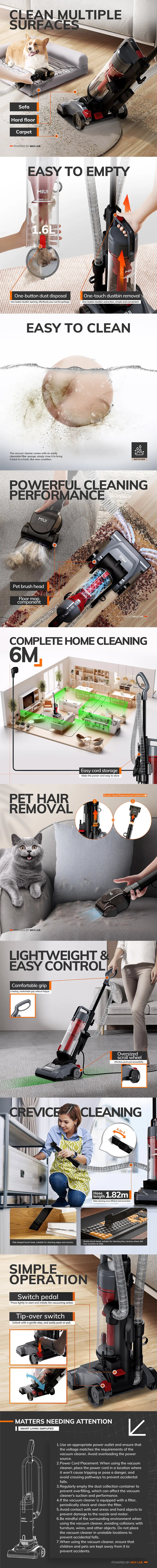 Multi-feature, easy-to-use vacuum cleaner equipped with a one-touch dustbin and convenient cord storage. Lightweight for easy control, with powerful suction for efficient cleaning. Perfect for pet owners and easy cleaning of tight spaces.