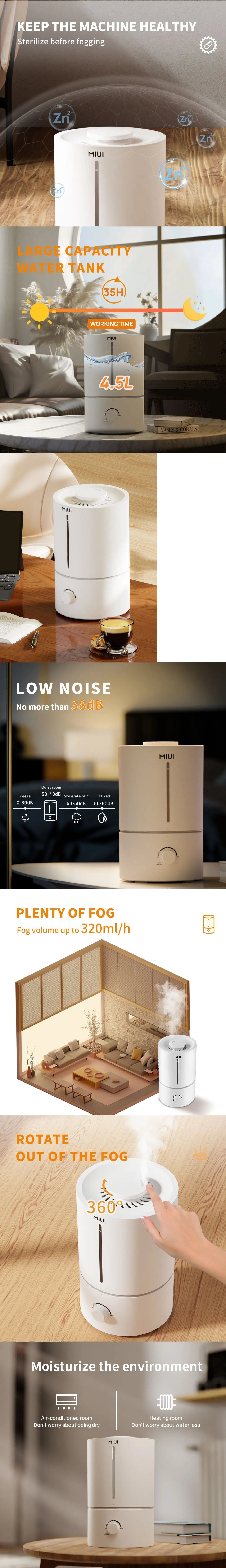 A 360-degree rotating nozzle humidifier with a large 4.5L tank for 35 hours of use. It offers quiet operation, is compact, lightweight, and easy to refill.