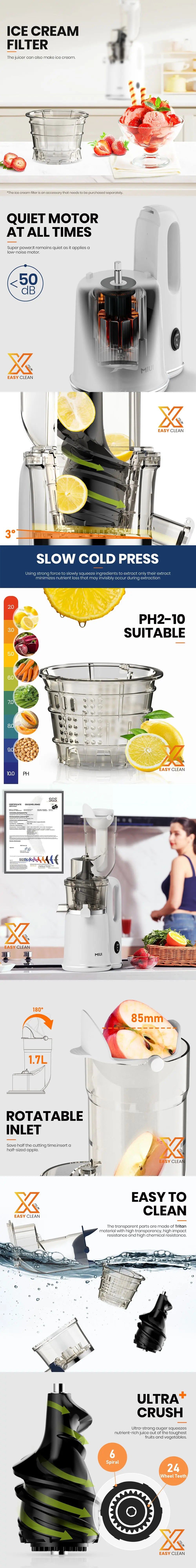 Premium slow juicer featuring ice cream filter and efficient cold-press technology. Perfect for health-conscious individuals, our juicer extracts high-quality juice with maximum nutrient retention. Hassle-free cleaning and durable Tritan material for long-lasting use.