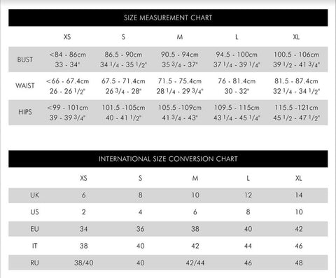 sizing chart will all measurements per size