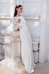 White silk gazar bridal gown with diamond honeycomb smocking embellish