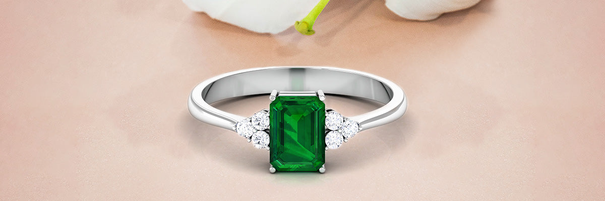 Octagon Cut Emerald Engagement Ring with Diamond