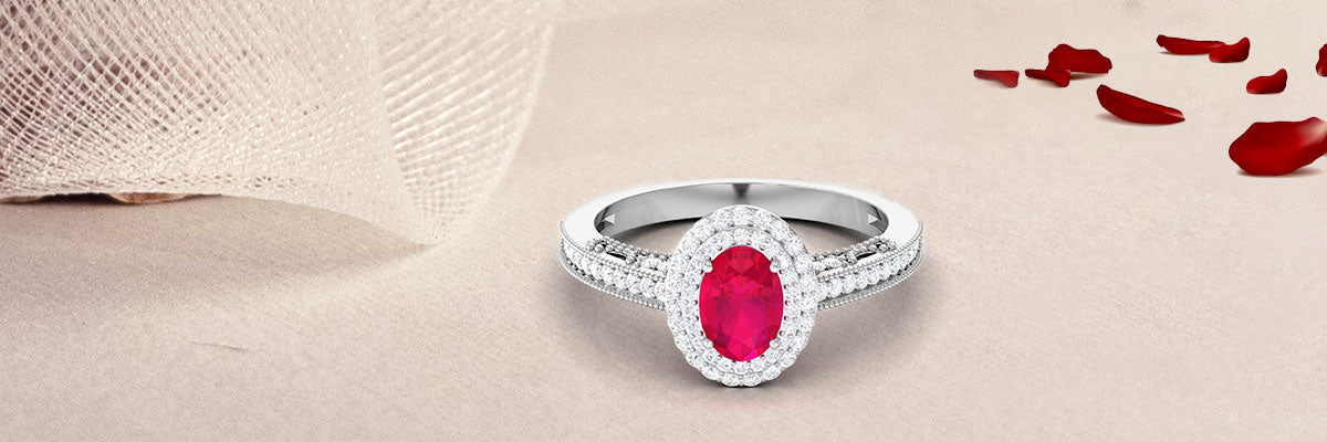 Oval Ruby Double Halo Engagement Ring