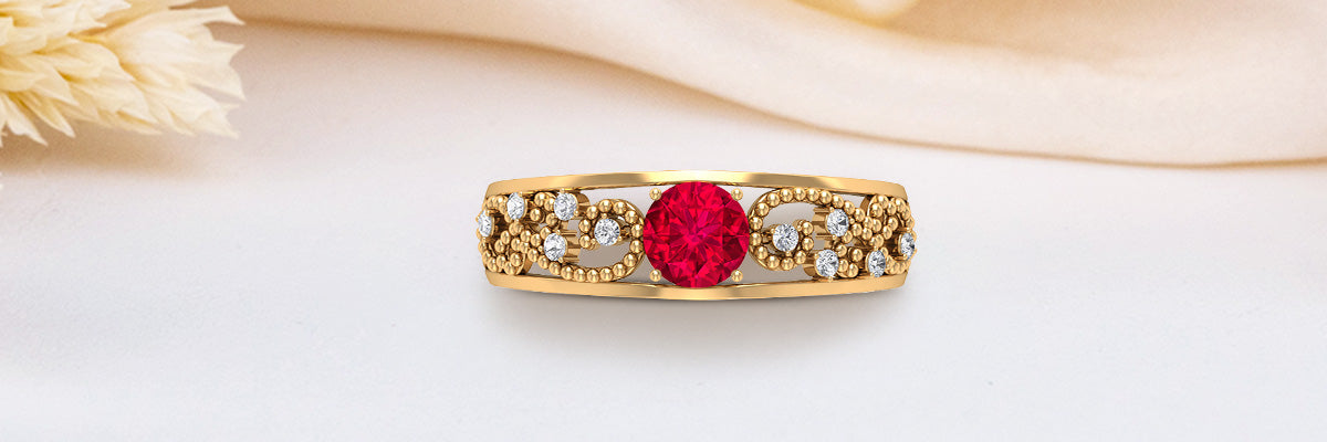 Beaded Gold Ruby Solitaire Engagement Ring