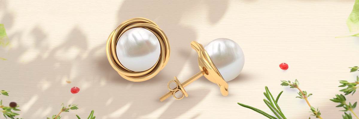 Pearl Solitaire Stud Earrings with Gold Swirl