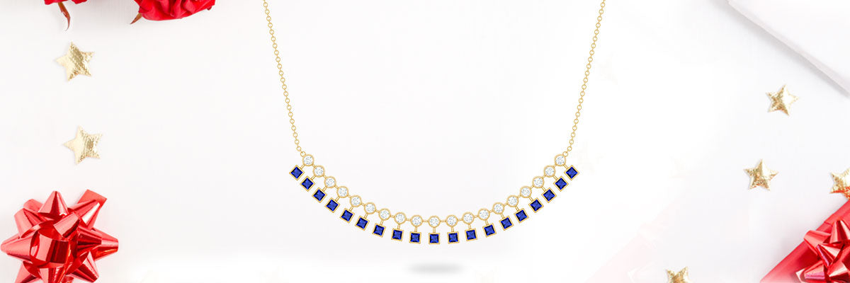Created Blue Sapphire Curved Bar Pendant Necklace