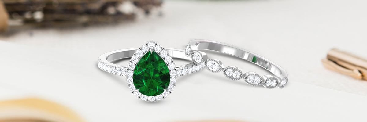 Lab Grown Emerald Pear Engagement Ring Set with Diamonds