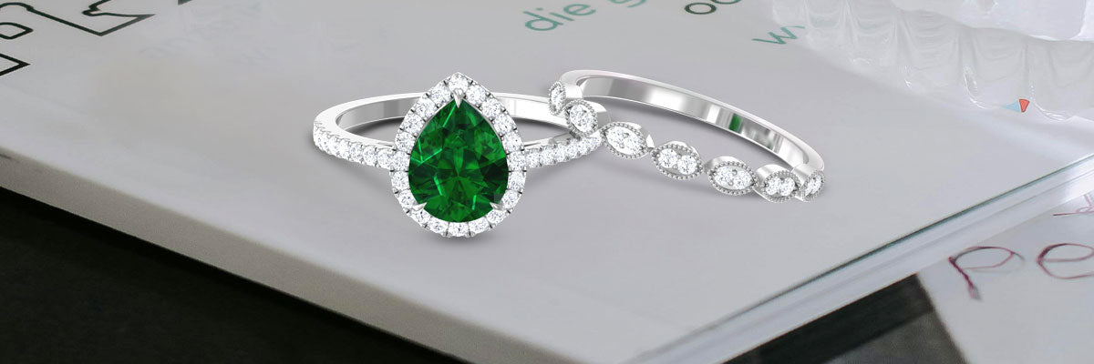 Lab Grown Emerald Engagement Ring Set with Diamond
