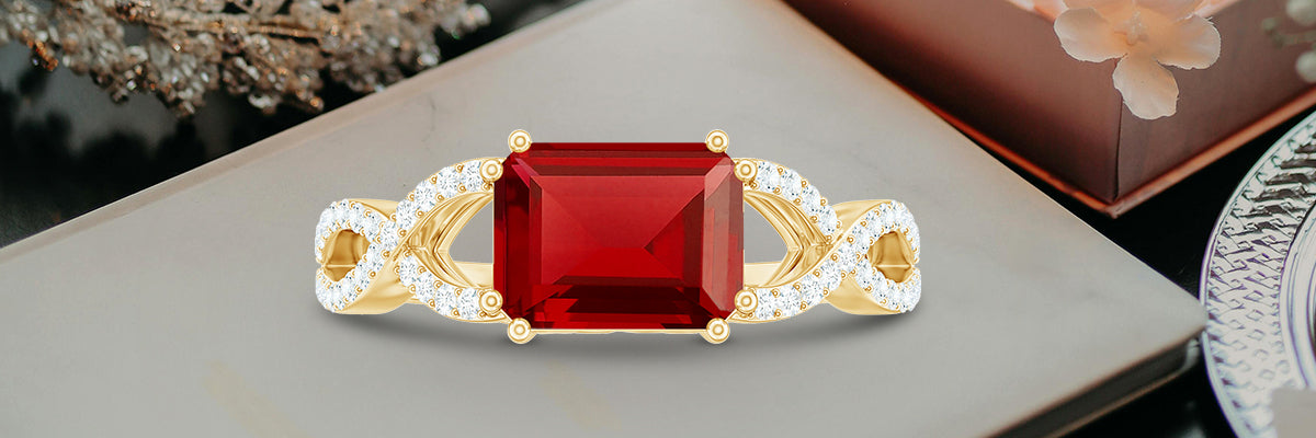 Emerald Cut Created Ruby East-West Crossover Ring with Diamond