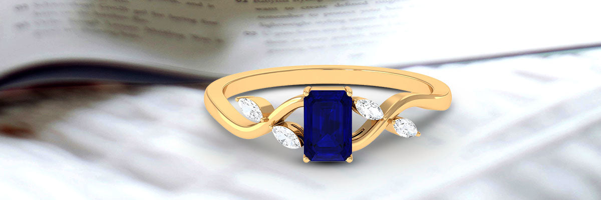 Emerald Cut Blue Sapphire Engagement Ring with Diamond