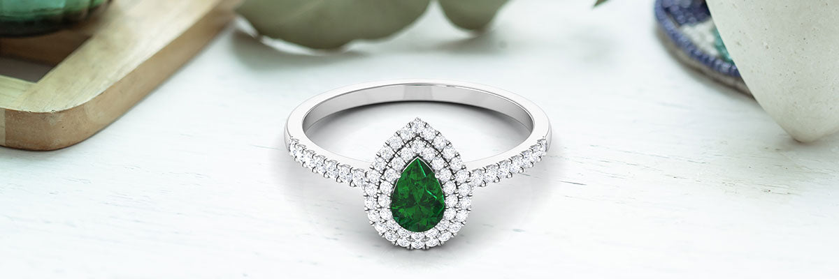 Emerald Teardrop Double Halo Engagement Ring