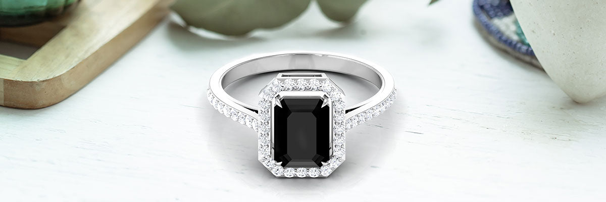 Octagon Cut Black Diamond Floating Halo Engagement Ring