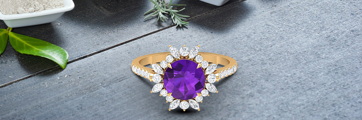 Chic and Opulent Ring: Round Amethyst Statement Ring with Moissanite Floral Halo