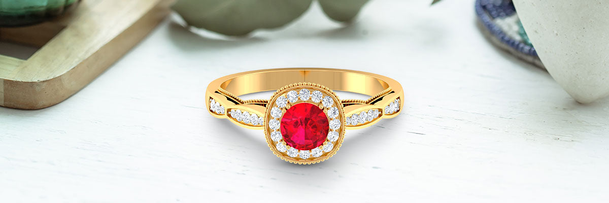 Vintage Created Ruby Halo Engagement Ring