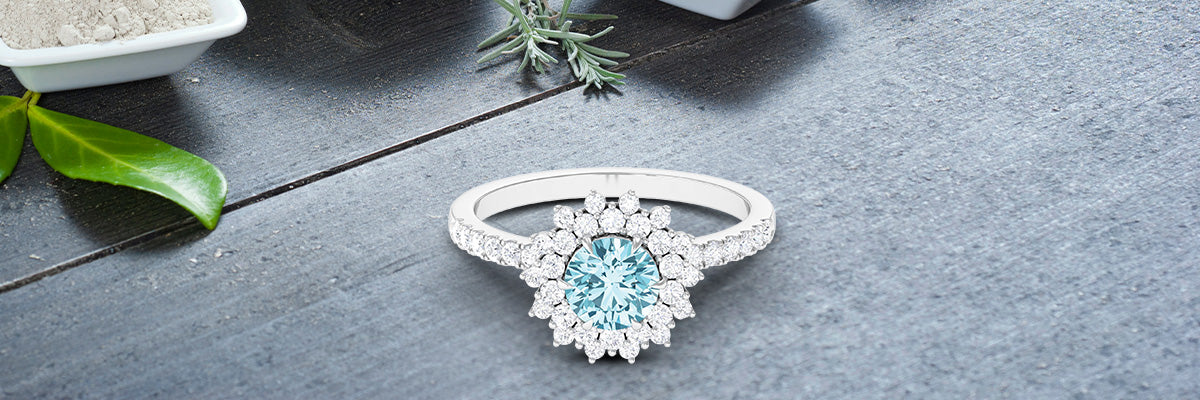 Make a Statement: Aquamarine Cluster Halo Engagement Ring with Moissanite