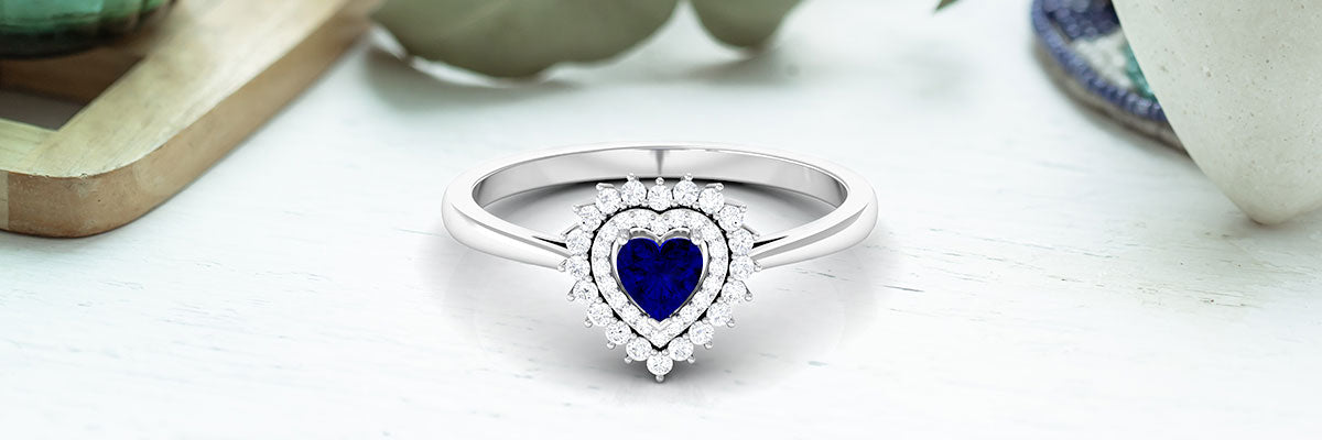 Blue Sapphire Heart Double Halo Engagement Ring