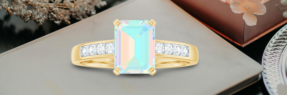 Emerald Cut Cut Ethiopian Opal Solitaire Engagement Ring with Diamond Side Stones