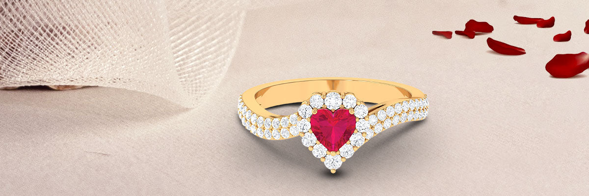 Bypass Engagement Ring with Heart Shape Ruby and Diamond