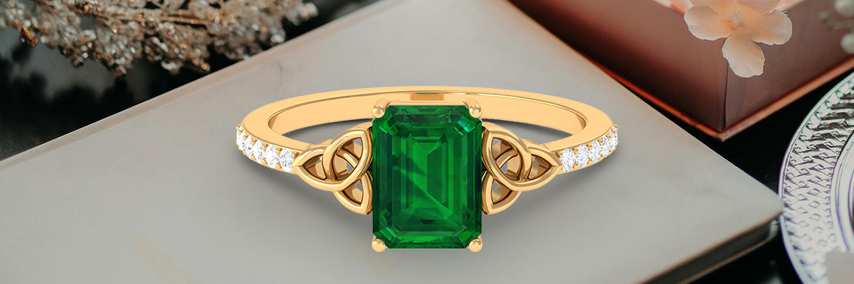 Emerald Cut Lab Grown Emerald Celtic Knot Engagement Ring