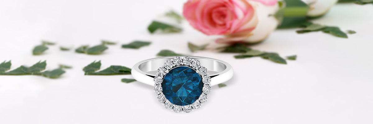 Round Blue Topaz Ring with Halo
