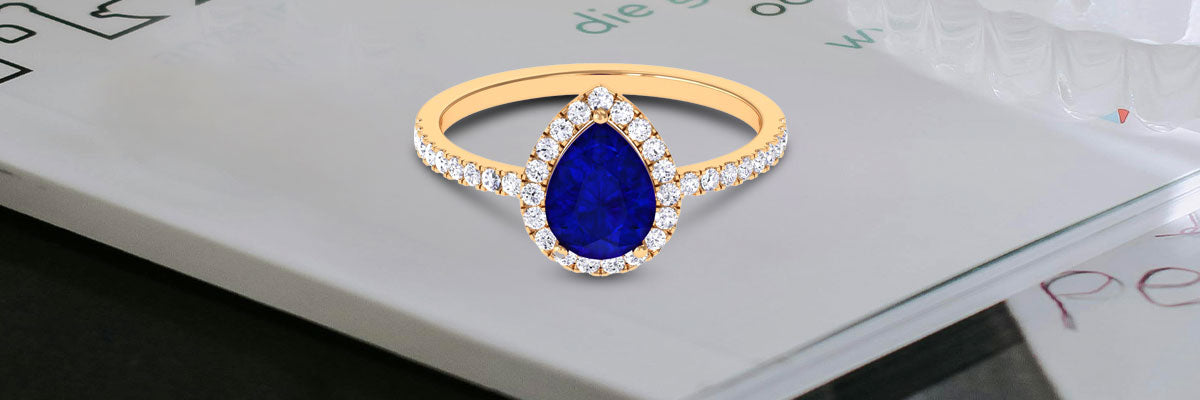 Lab Grown Sapphire Pear Engagement Ring with Diamond Halo