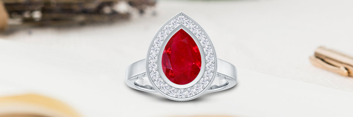 Lab Grown Ruby Pear Engagement Ring with Diamond Halo