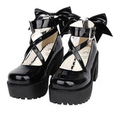 Black Patent Leather Cute Bowknot Lolita Round-toe High Heel Shoes